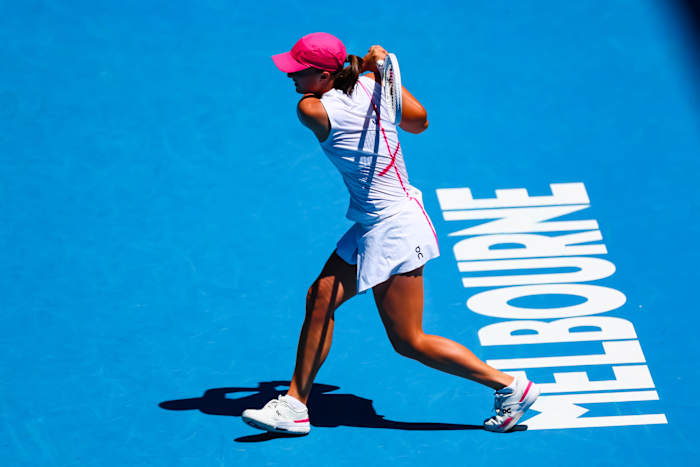 Iga Swiatek hits a shot during the 2024 Australian Open.